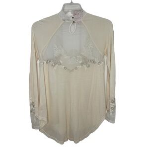 FREE PEOPLE Saheli Embroidered Mesh Top Ivory OB877344 Extra Small Ecru Color